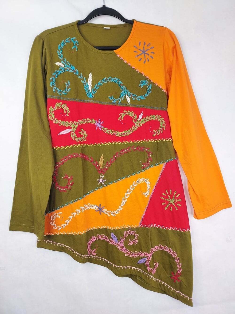 Leopards & Roses Asymmetric Tunic Top Womens L Embroidered Patchwork Boho Hippie